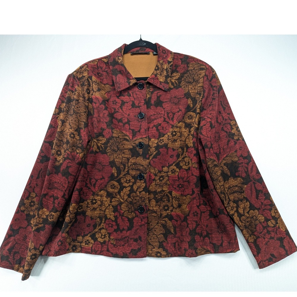 Briggs New York Womens XL Floral Tapestry Jacket Burgundy Rust Gold Button Front